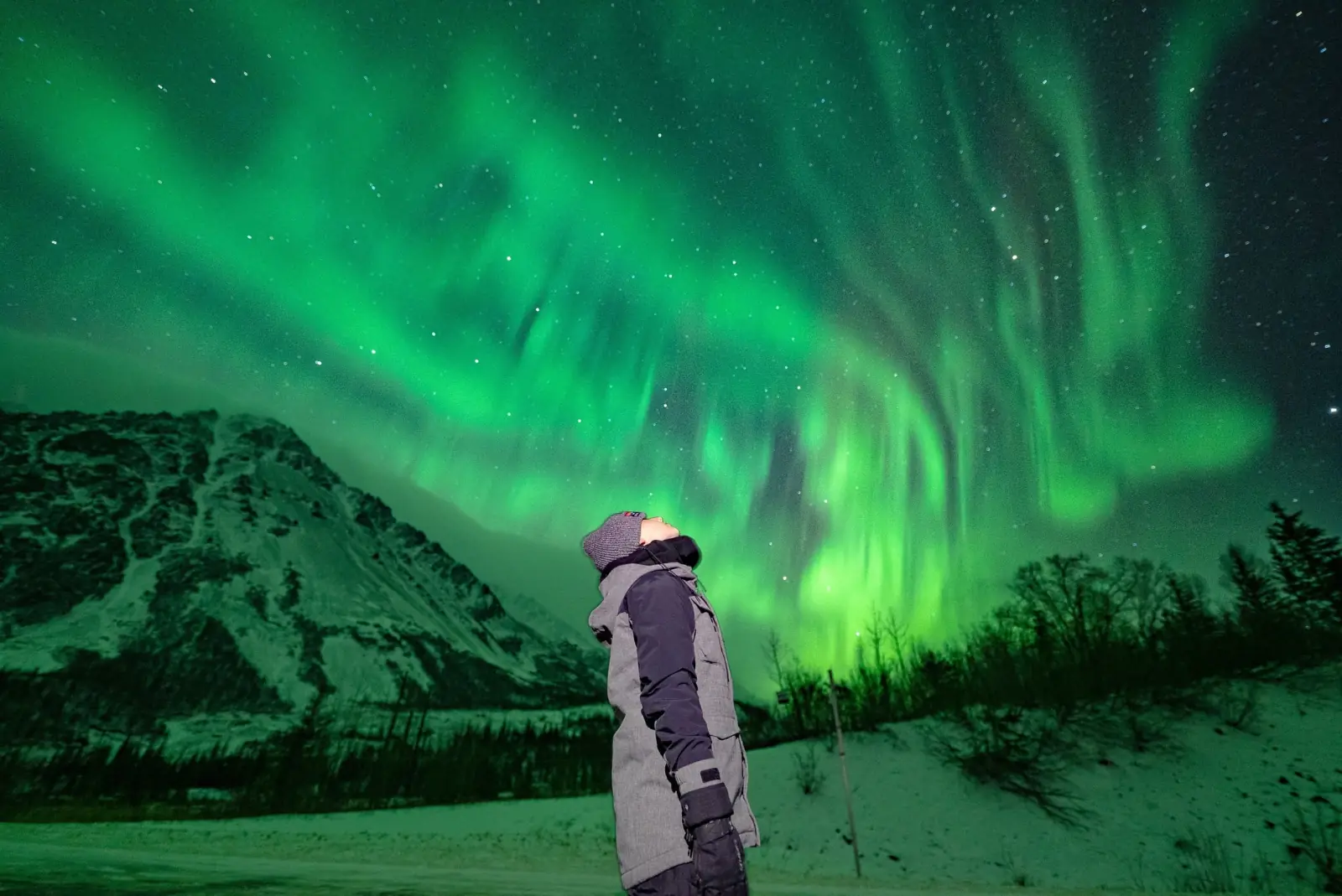 A guest watches the aurora over snowy mountains.