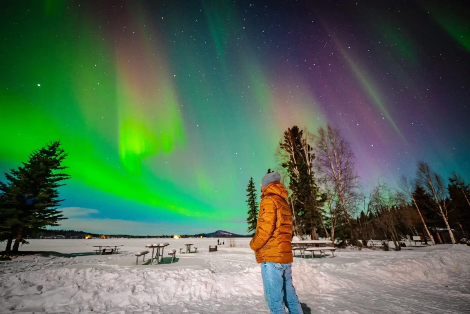 A guest in an orange parka looks up at bright green and pink aurora.