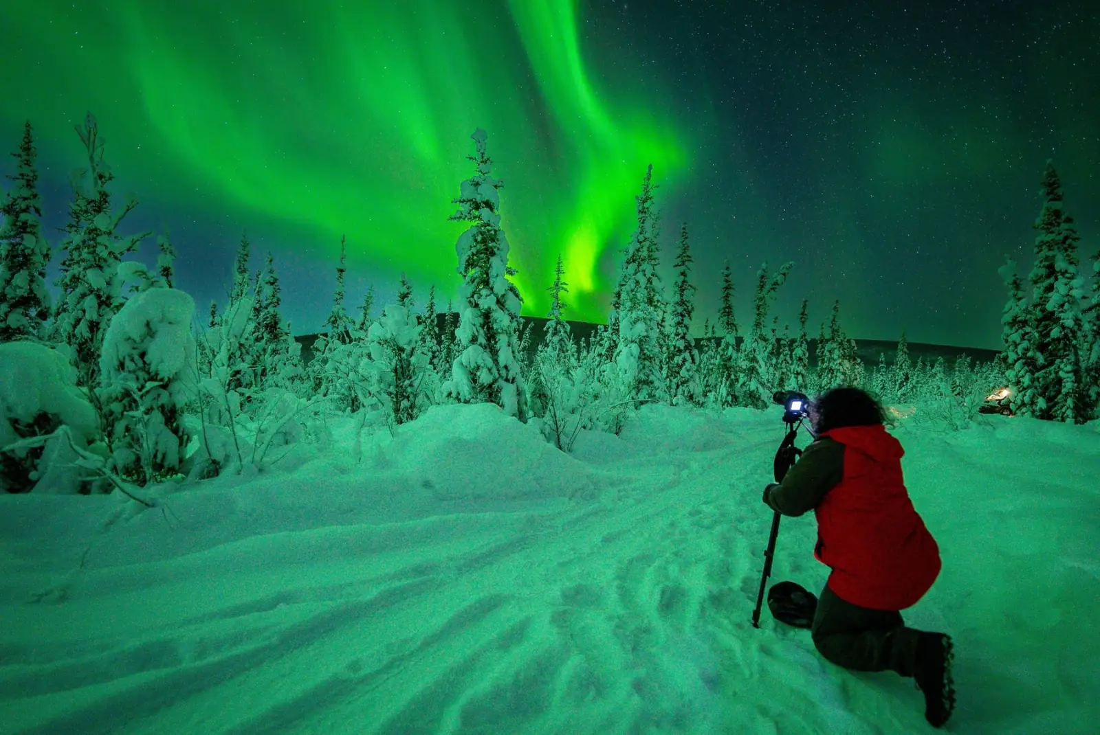 A SkyChase photographer kneels in deep snow, framing guests under a green aurora.